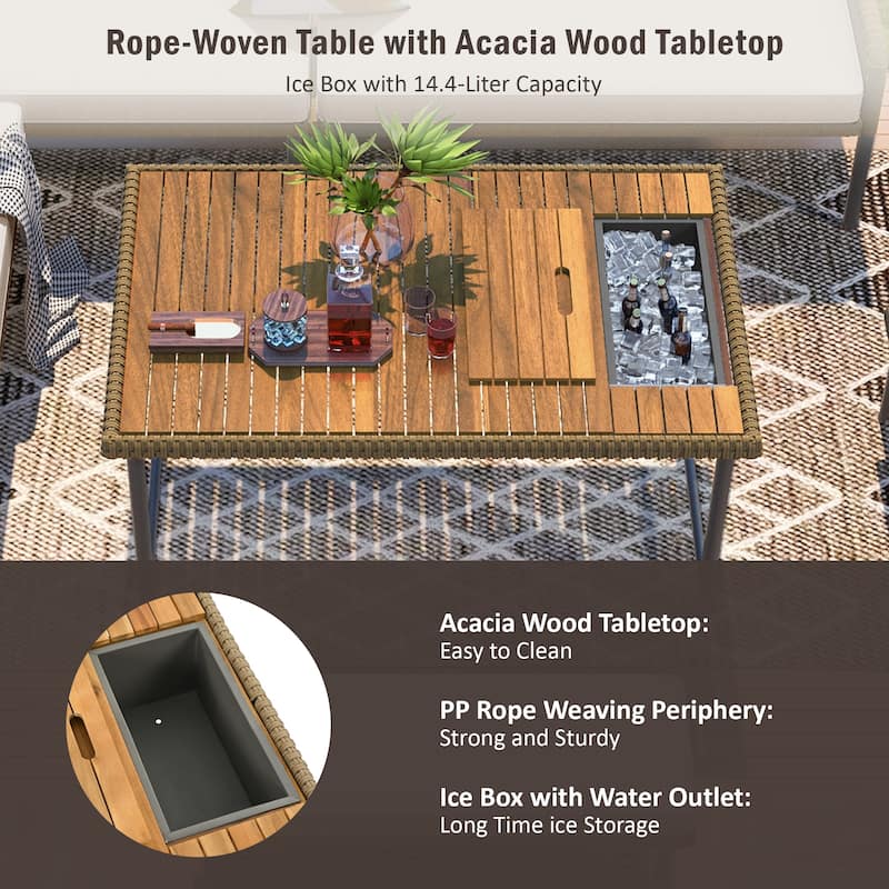 6 Pcs Piece Rope Furniture Set, Outdoor L-Shaped Sectional Sofa Set, Wood Table with Ice Box, Lounge Chair and Rope Bench