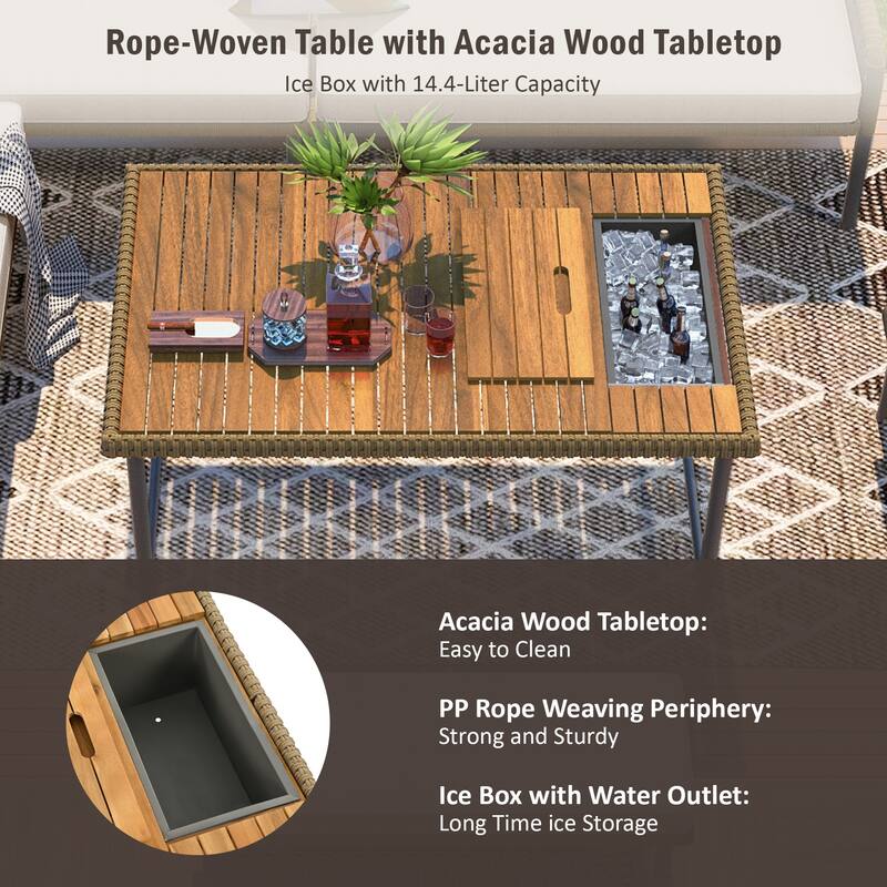 L-shape Outdoor Sectional Sofa Set 6-Piece Rope Patio Furniture Couch with Storage Coffee Table, Stools and Bench