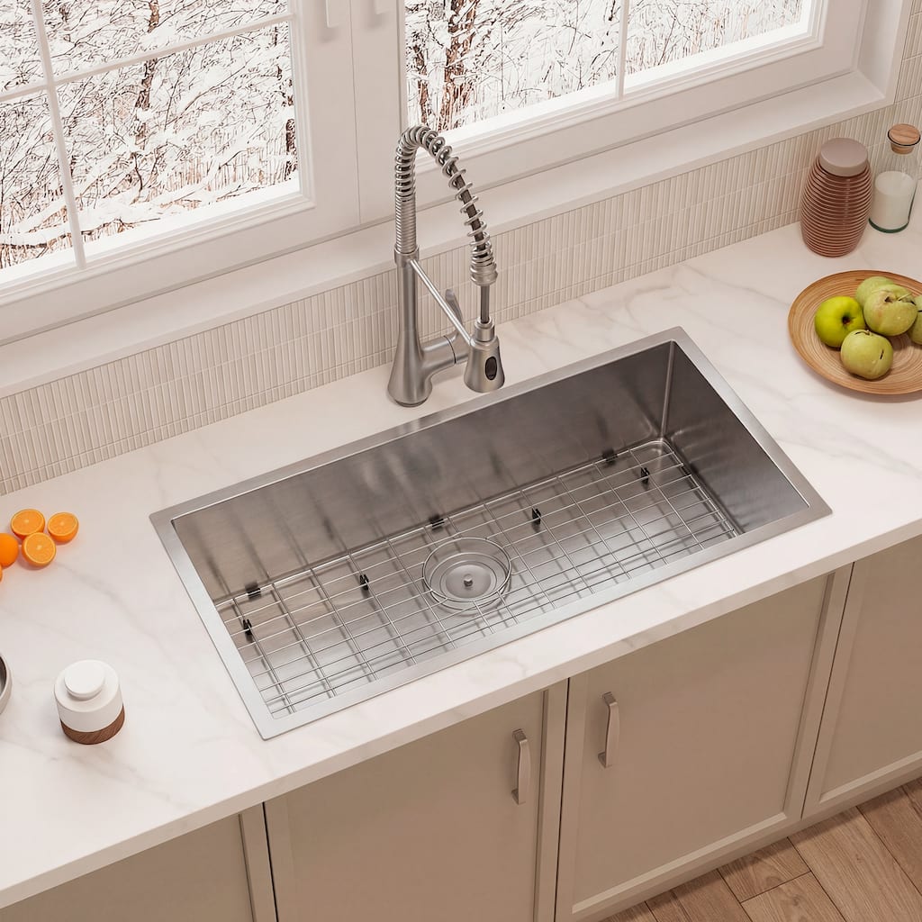 32" L Workstation Single Bowl Stainless Steel Kitchen Sink with Sink Grid