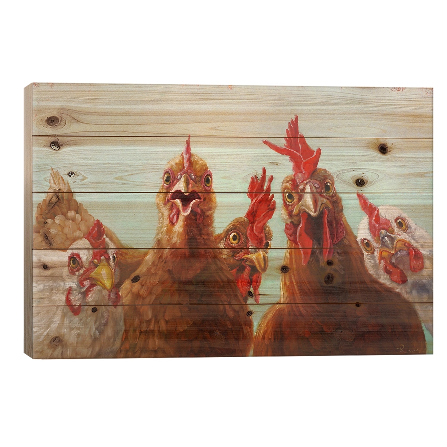 Chicken For Dinner Print On Wood by Lucia Heffernan - Multi-Color
