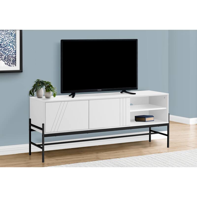 Modern 60-Inch TV Console with Grey Laminate and Black Metal, Entertainment Center with Storage