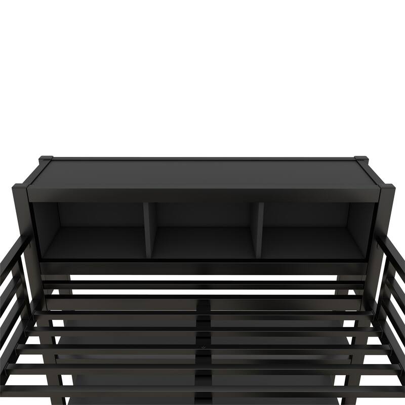 Full Size Metal Loft Bed with Wardrobe and L-shaped Desk, Storage Cubes and Shelves