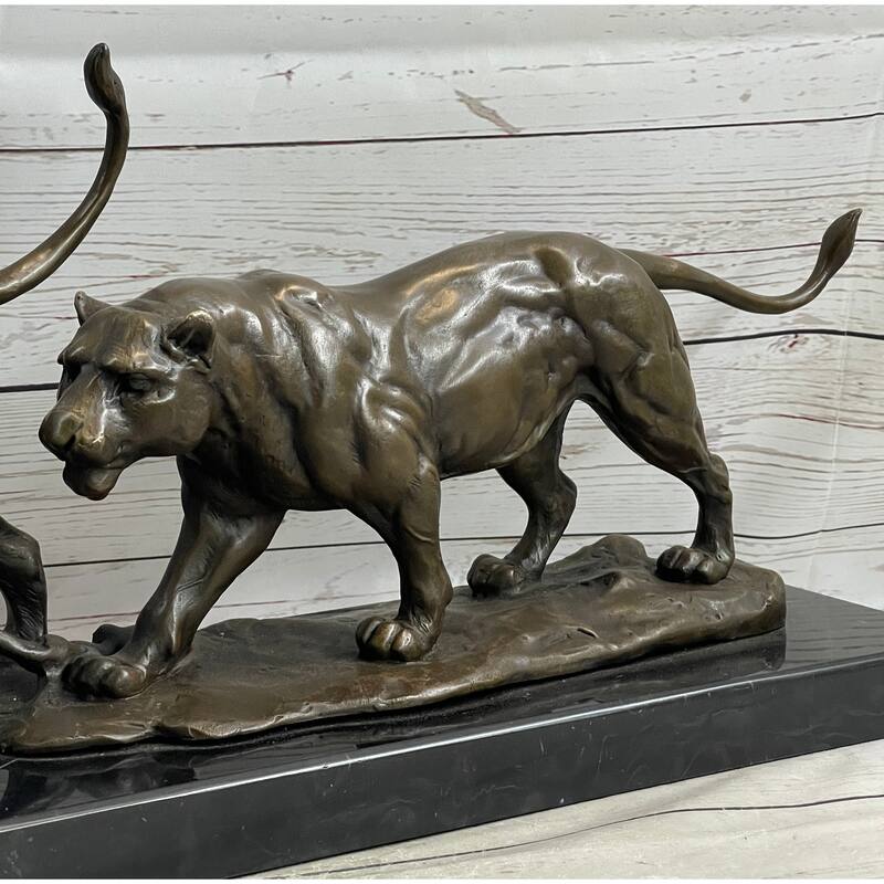 Male Female Imitative Lion Imitative Lions On The Prowl Bronze Sculpture Statue Signed Original Art