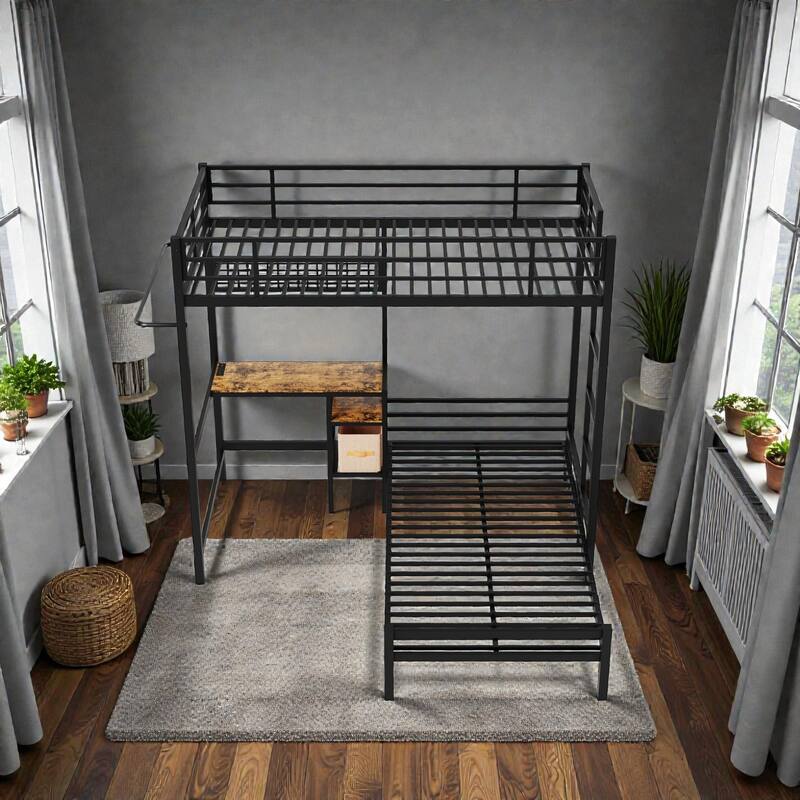 Twin Over Twin Metal Bunk Bed with L-Shaped Desk, Storage Shelves and Drawers, Loft Bunk Bed with Guardrail