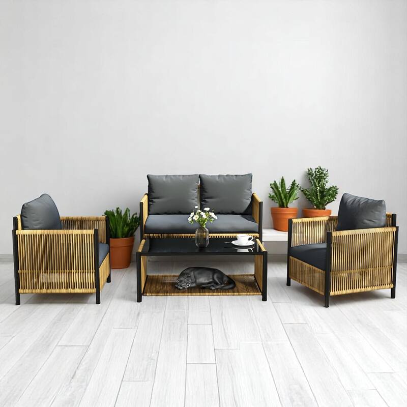 4-Piece Outdoor PE Rattan Sofa Set with Removable Cushion Covers and Coffee Table, Patio Conversation Furniture set - Steel