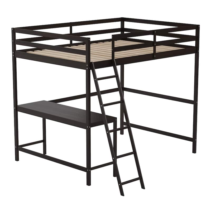 Traditional Wood Slat Loft Bed with Integrated Desk & Ladder