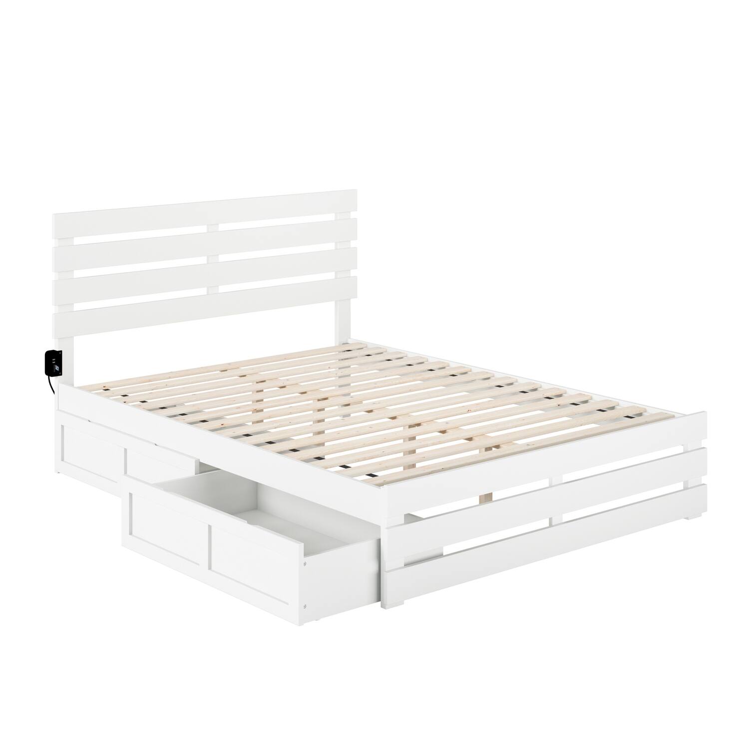 Queen Bed with Footboard & Storage - USB Charger, White Finish, 76" x 55"