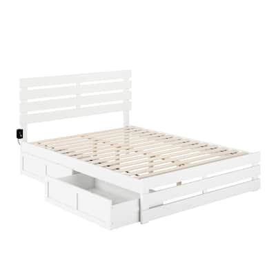 Queen Bed with Footboard & Storage - USB Charger, White Finish, 76" x 55"