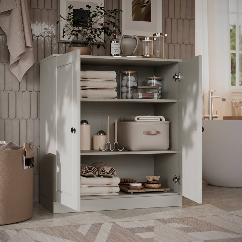 100% Solid Wood Short Freestanding Bathroom Linen Cabinet with Doors, Adjustable Shelves, Modular Storage, 32" W x 35.75" H