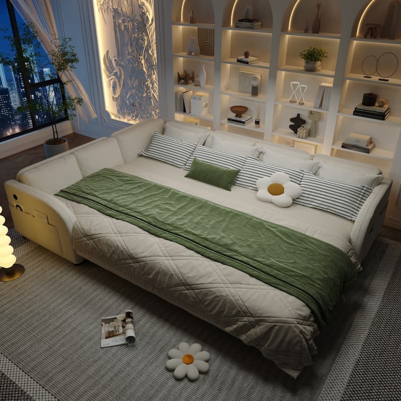 115.2" L-Shaped Teddy Sectional Sofa with Pull-Out Bed