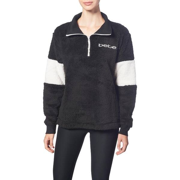 Bebe Sport Sherpa Colorblock Embroidered Logo 1 4 Zip Pullover For Women Black Ivory Overstock