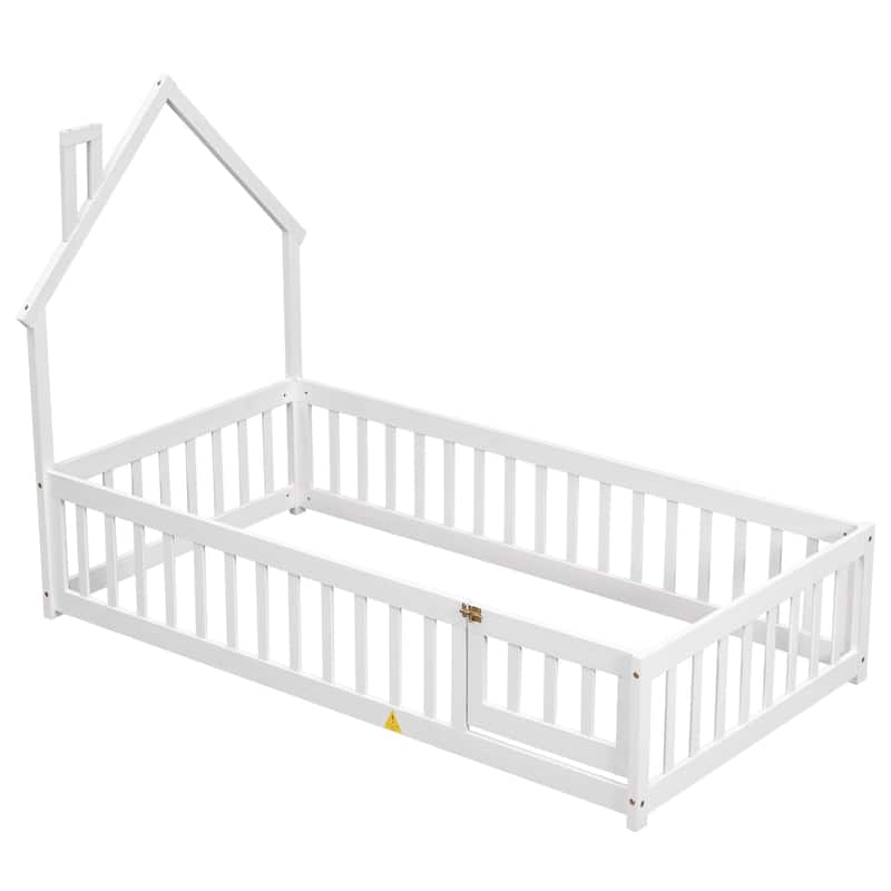 House-Style Twin Floor Bed with Fence, Pine Wood Bed Frame for Kids