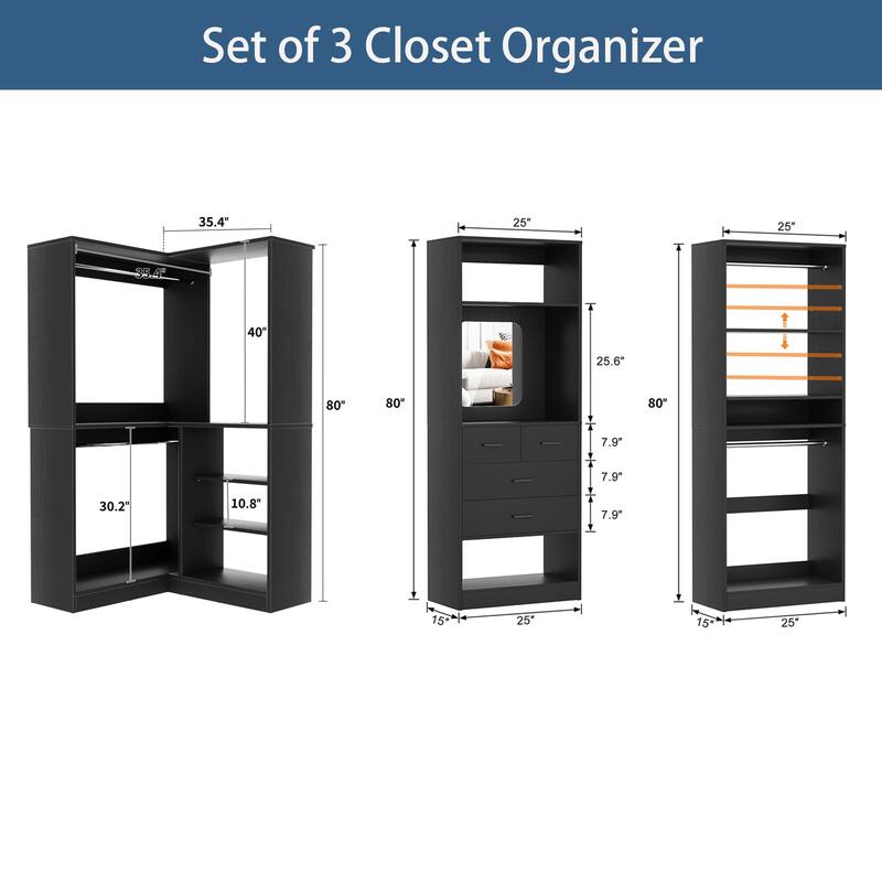 Cimly Set of 3 Corner Closet System with Hanging Rods, Space-saving Closet Organizer with Mirror