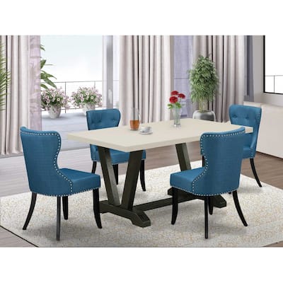 HomeStock 5-Piece Rectangle Natural Oak Finish Solid Wood Top Dining Table with 4 Parson Chair