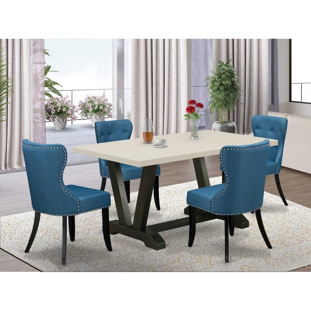 HomeStock 5-Piece Rectangle Natural Oak Finish Solid Wood Top Dining Table with 4 Parson Chair