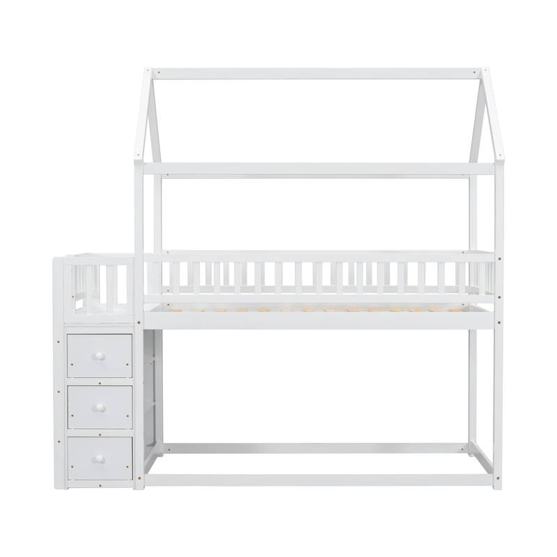 Twin House Bunk Bed with Roof, Storage Shelves, and Drawers for Kids.