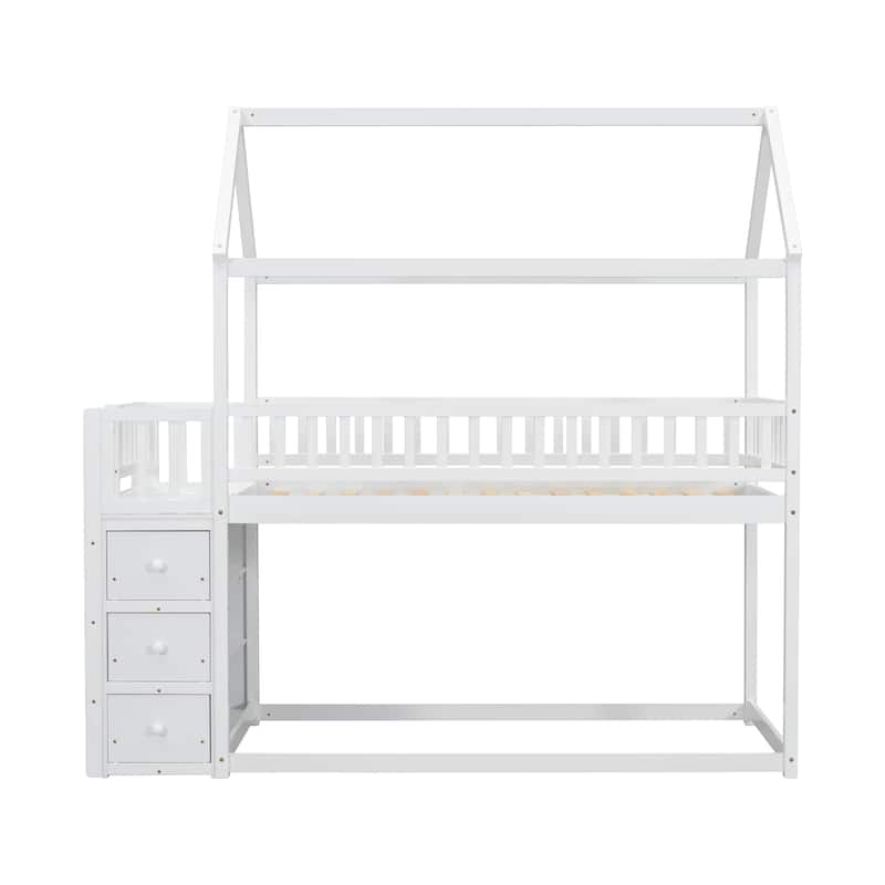 Twin Wood House Bunk Bed with Shelves & Drawers