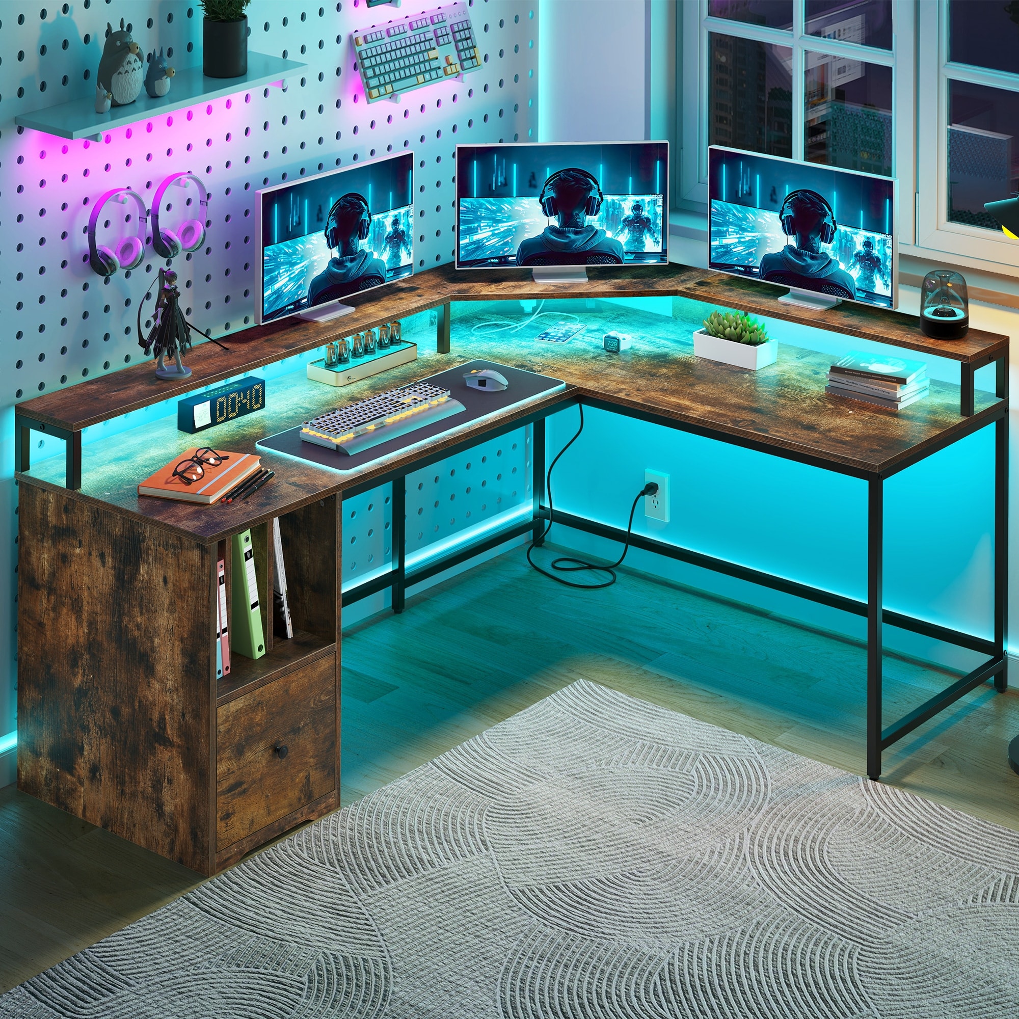 66 inch L Shaped Desk with Shelves and Monitor Stand Home Office
