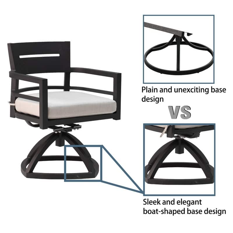 5-Piece Modern Patio Dining Set - Includes 4 Swivel Rockers with Sunbrella Cushions and a 40" Square Table with Umbrella Hole.