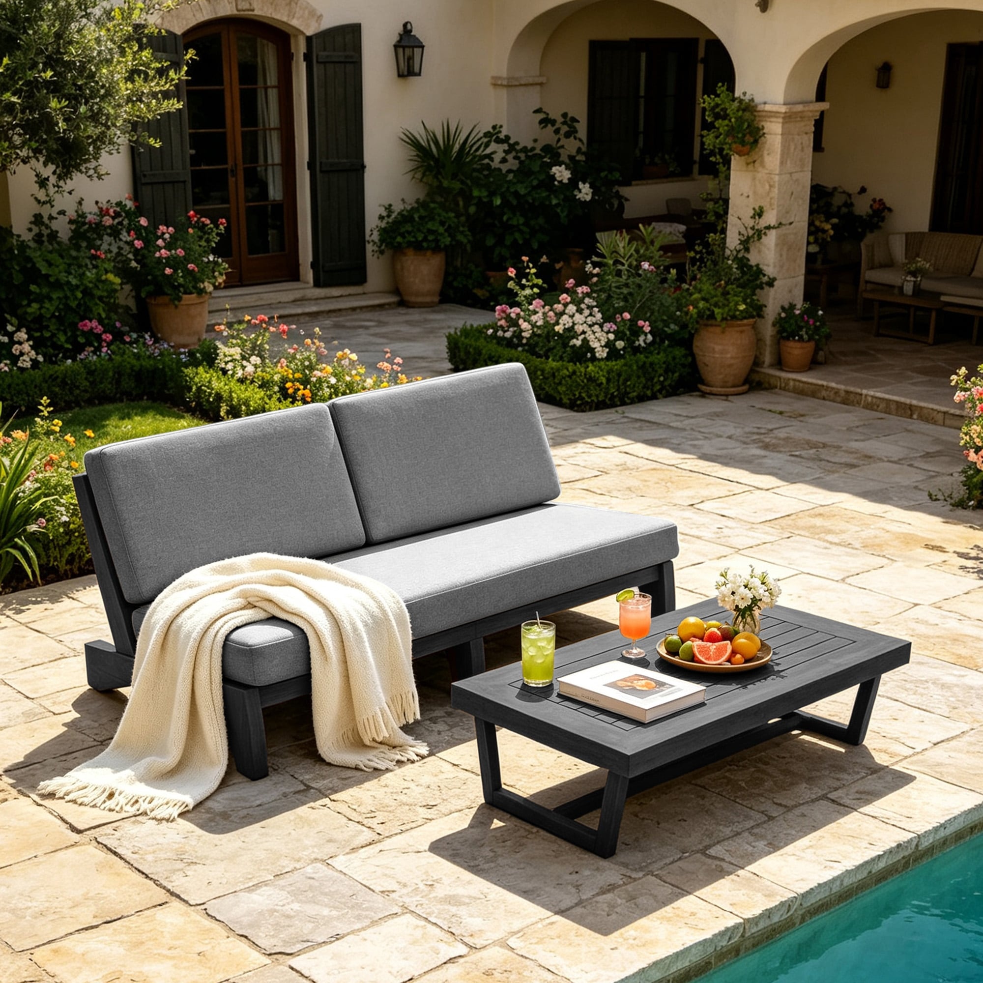Outdoor Water Resistant Teak Conversation Set With Cushions (Set of 2 ...