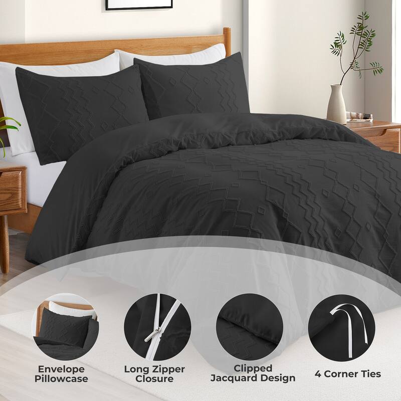 Clipped Jacquard Geometric Duvet Cover & Pillowcase Set - Black/Diamond - King