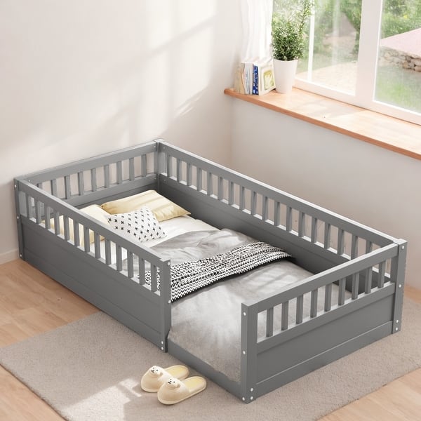 slide 2 of 9, Twin Floor Bed Frame with Safety Fence for Kids' Bedroom & Playroom, Grey Grey