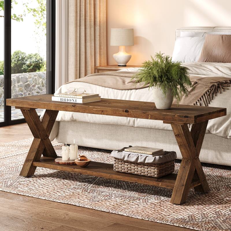 43.3 Inch Farmhouse Solid Wood Entryway Shoe Bench - dark brown