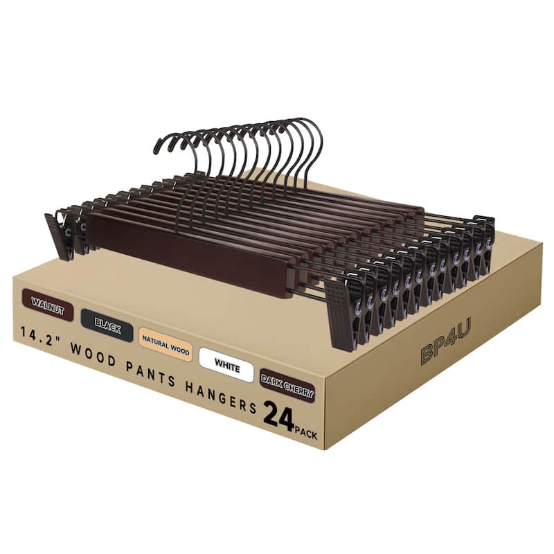 BP4U Premium Wooden Pants Hangers with Adjustable Clips, Solid Wood Skirt Hangers for Jeans, Slacks, Dresses - 24-Pack - Dark Cherry