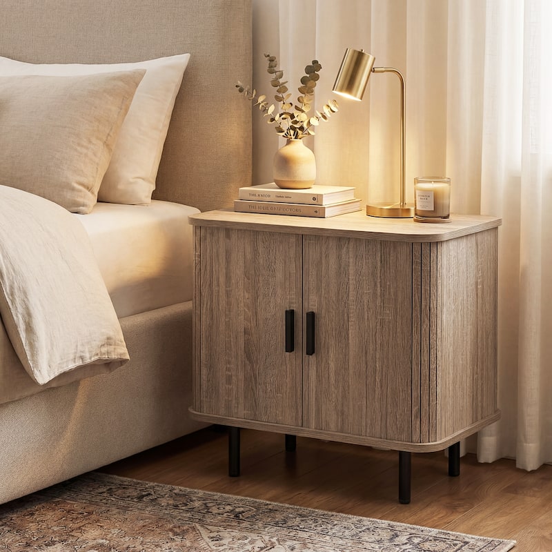 Gymax End Table Modern Mid Century Nightstand w/Sliding Tambour Doors