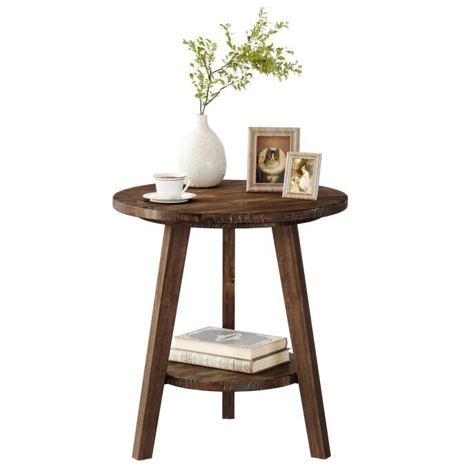 Solid Wood End Table, 2 Tiers Round Side Table, Farmhouse Nightstand