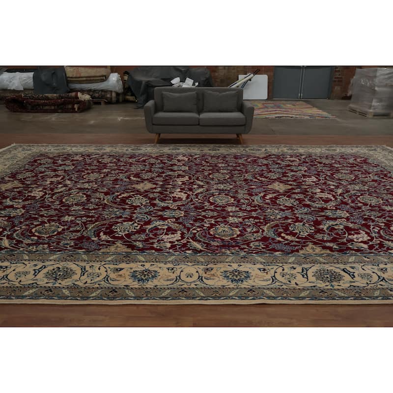 Hand Knotted Oriental 100% Wool Carpet Traditional Floral Red Nain Area Rug - 19' 0'' X 12' 10''