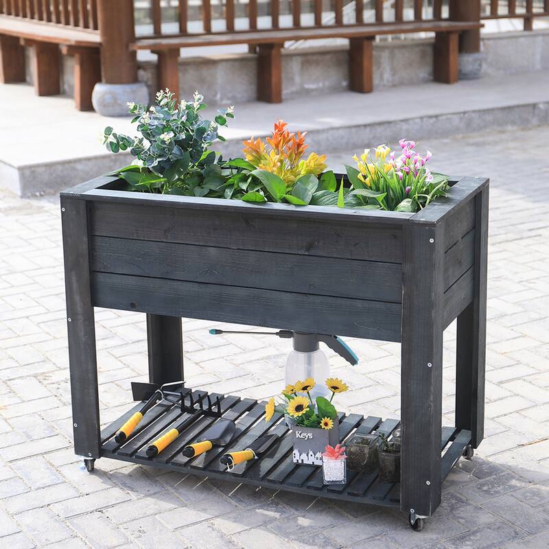 40 in x 32 in x 20 in Grey WoodenElevated Planter with Shelf and Wheel - 40x32x20