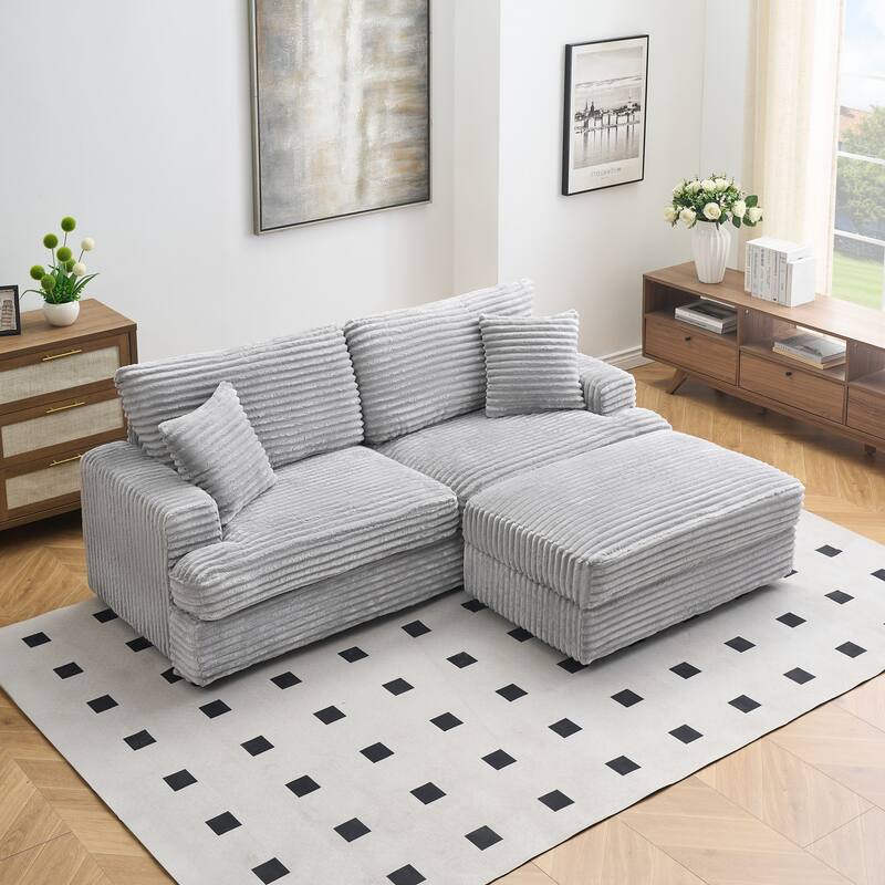82-inch Gray Corduroy Sofa with Storage Feet and 4 Throw Pillows