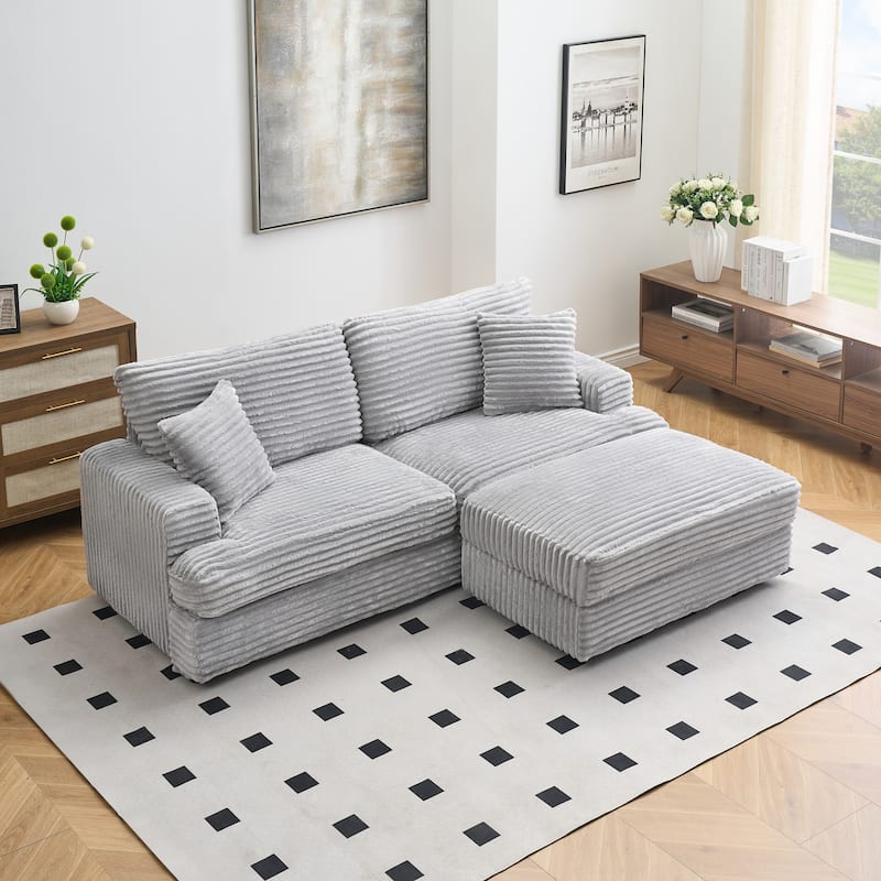 L-shaped Sectional Sofa with Chaise Lounge Corduroy Lazy Loveseat Couch with Storage Ottoman and Pillows for Living Room - Grey