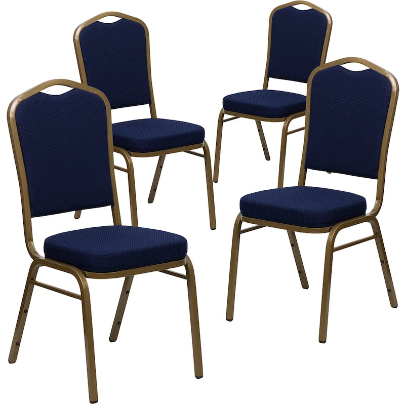4 Pack Crown Back Stacking Banquet Chair - 20.25"D x 17.25"W x 38"H - Navy Blue Patterned Fabric/Gold Frame