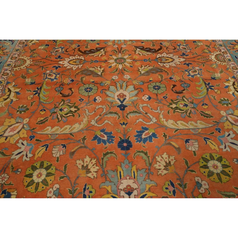 Hand Knotted Oriental 100% Wool Carpet Traditional Floral Oranges & Rust Tabriz Area Rug - 12' 8'' X 9' 3''