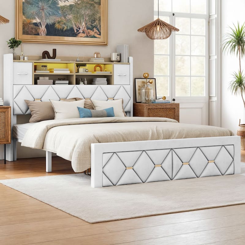 Farmhouse Bed Frame Upholstered Headboard Platform Bed with Charging Station