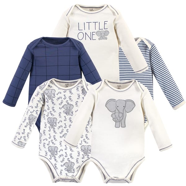 slide 1 of 1, Touched by Nature Organic Cotton Long-Sleeve Bodysuits 5pk, Blue Elephant 12-18 Months - Blue Elephant
