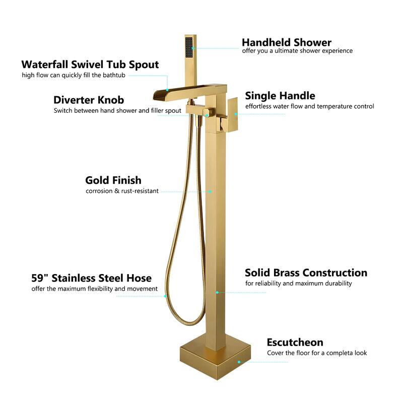 Vanityfair Floor Mount Freestanding Waterfall Bathtub Faucet Tub Filler with Hand Shower