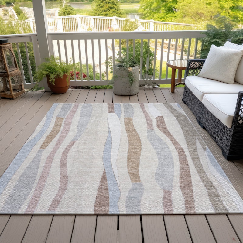 Machine Washable Indoor/Outdoor Modern Stripes Chantille Rug - Beige - 5' x 7'6"