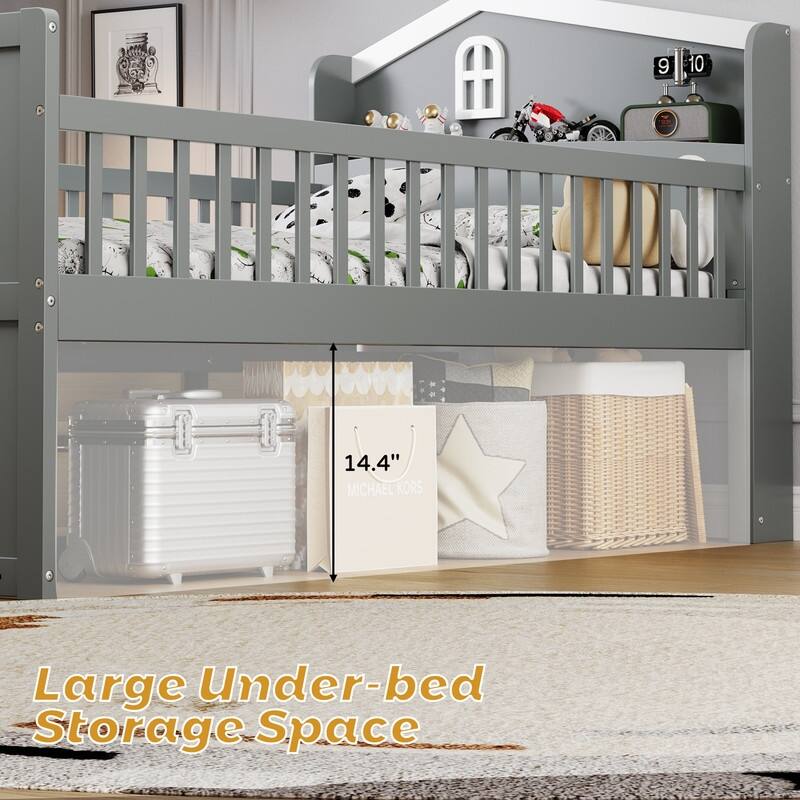 Twin Size Kids House Bed Frame with Storage Headboard and 4 Drawers, Wooden Platform Bed with Guardrail and Small Ladder