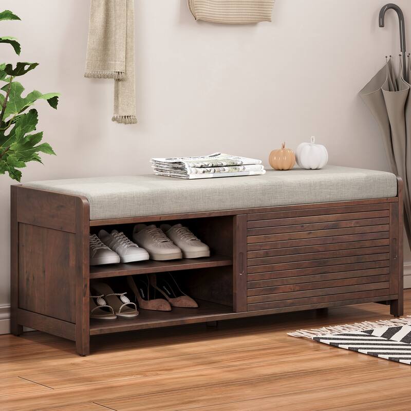 Entryway Bench Storage Shoe Bench w/ Cushion & Sliding Door, Shoe Cabinet Organizer for Living Room, 15.4" W x 43.3" D x 16.5" H