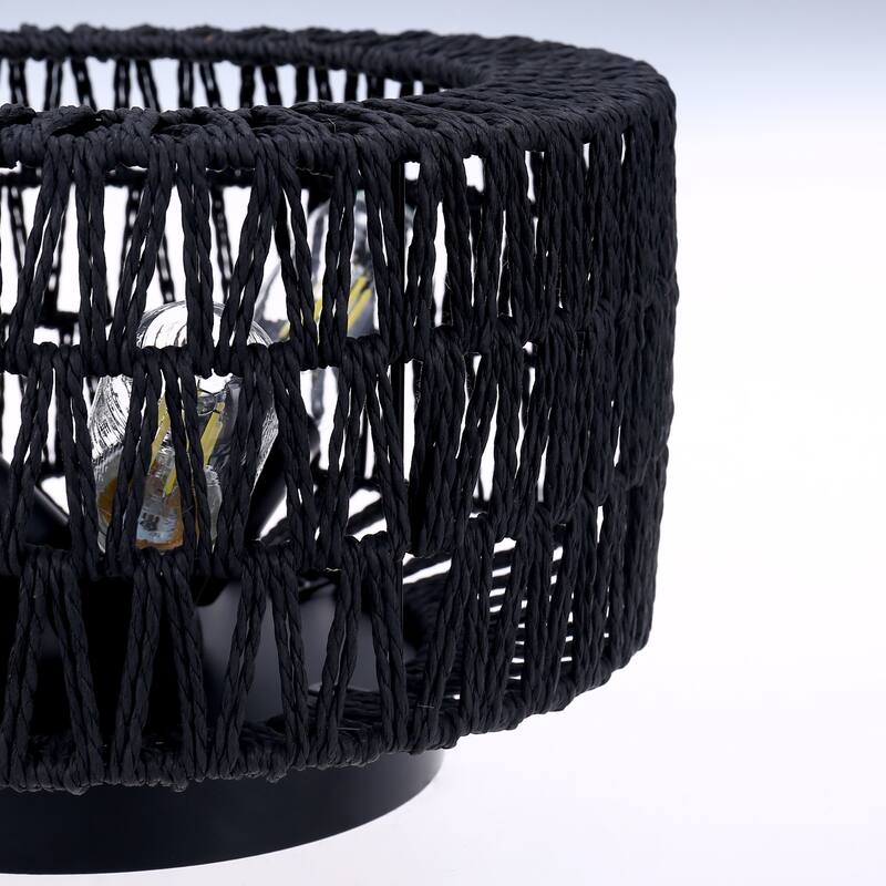 Black Woven Flush Mount Light Fixture Rustic Industrial Hemp Rope Round Ceiling Light - 11.8