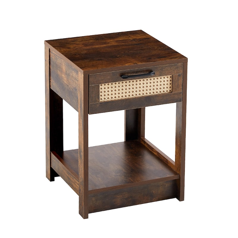 15.75" Rattan End black table with drawer, Modern nightstand, side table for living roon, bedroom,natura
