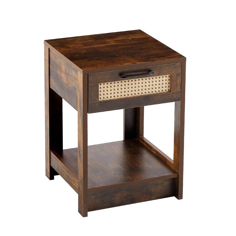 Modern Rattan Nightstand Small Side Table with Drawer for Bedroom or Living Room