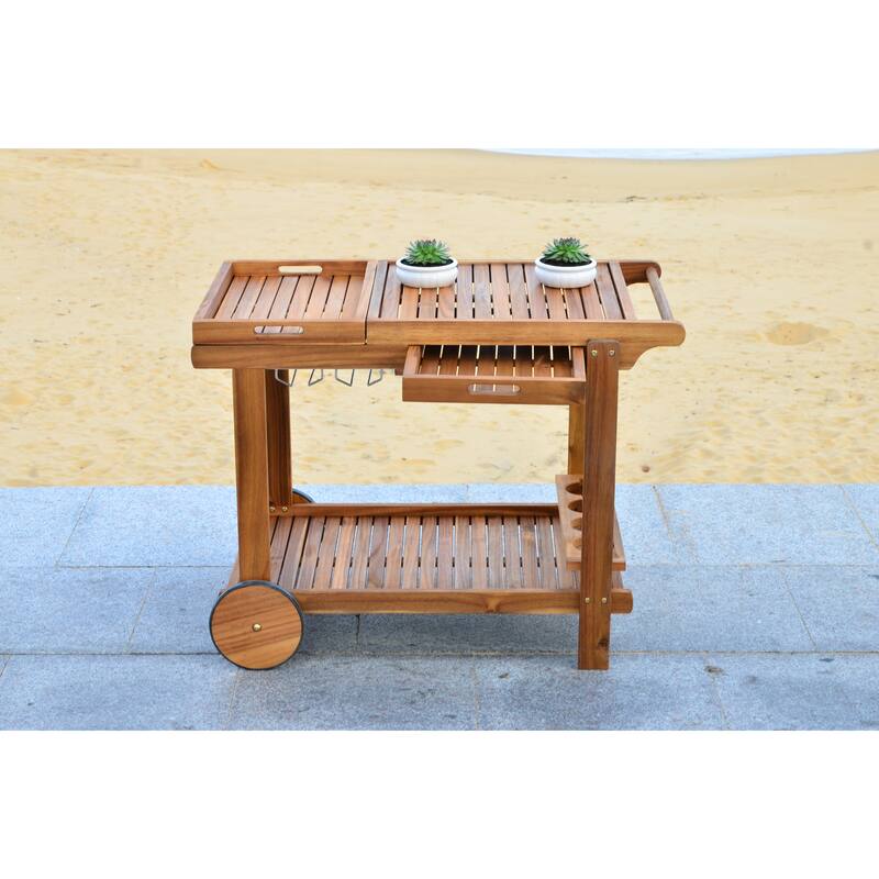 SAFAVIEH Outdoor Nallely Acacia Wood Tea Trolly - 24Wx39Dx30H