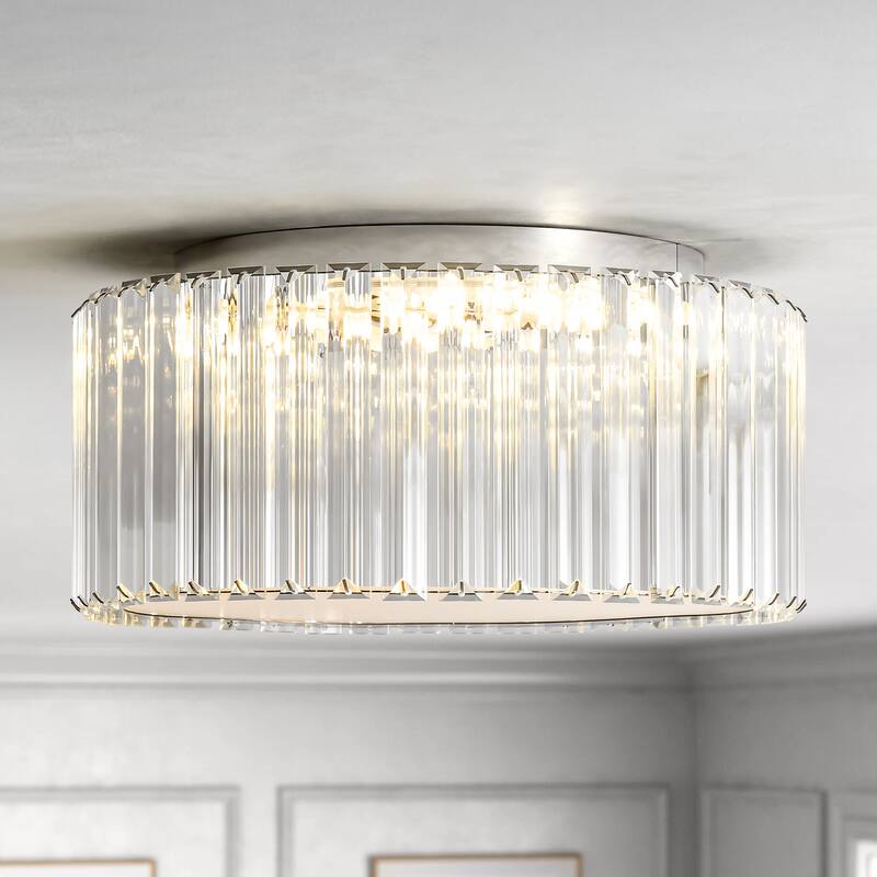 13.7 in. Modern Glam Chrome Drum Crystal LED Semi-Flush Mount Light - 13.7 in. W x 6.8 in. H