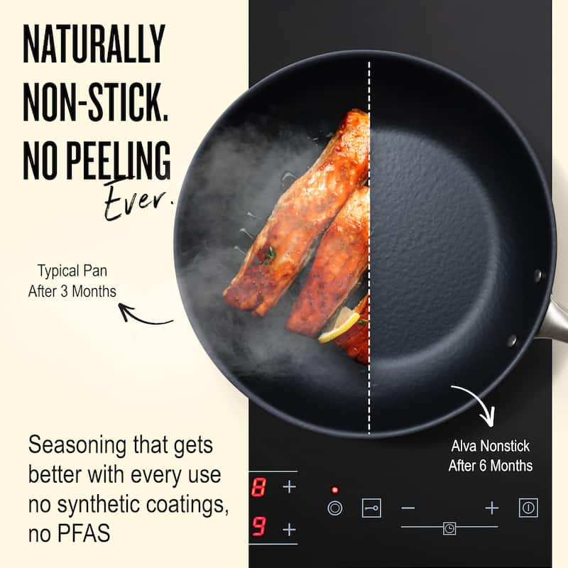 Alva Black Angus Pre-Seasoned Carbon Steel Frying Pan, Naturally Nonstick