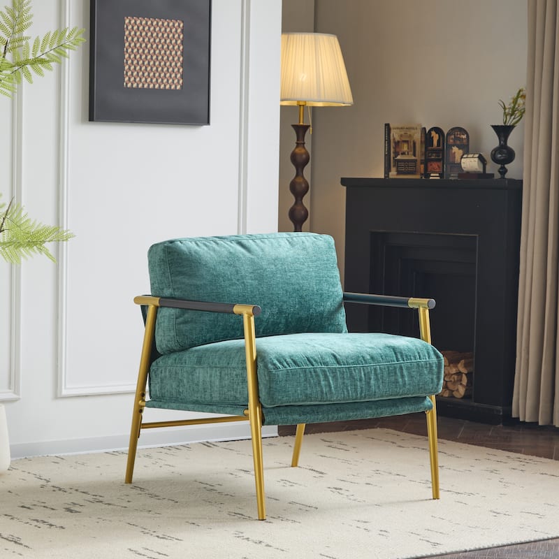 27.56" Modern Accent Chair with Plush Cushions, Metal Frame, and Wooden Armrest Design -for Living Room, Bedroom - Teal Blue