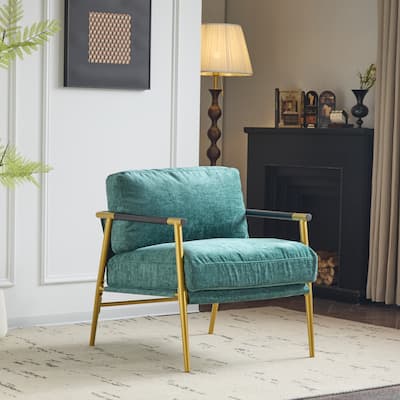 Modern Accent Chair with Plush Cushions, Minimalist Metal Frame, and Wooden Armrest Design